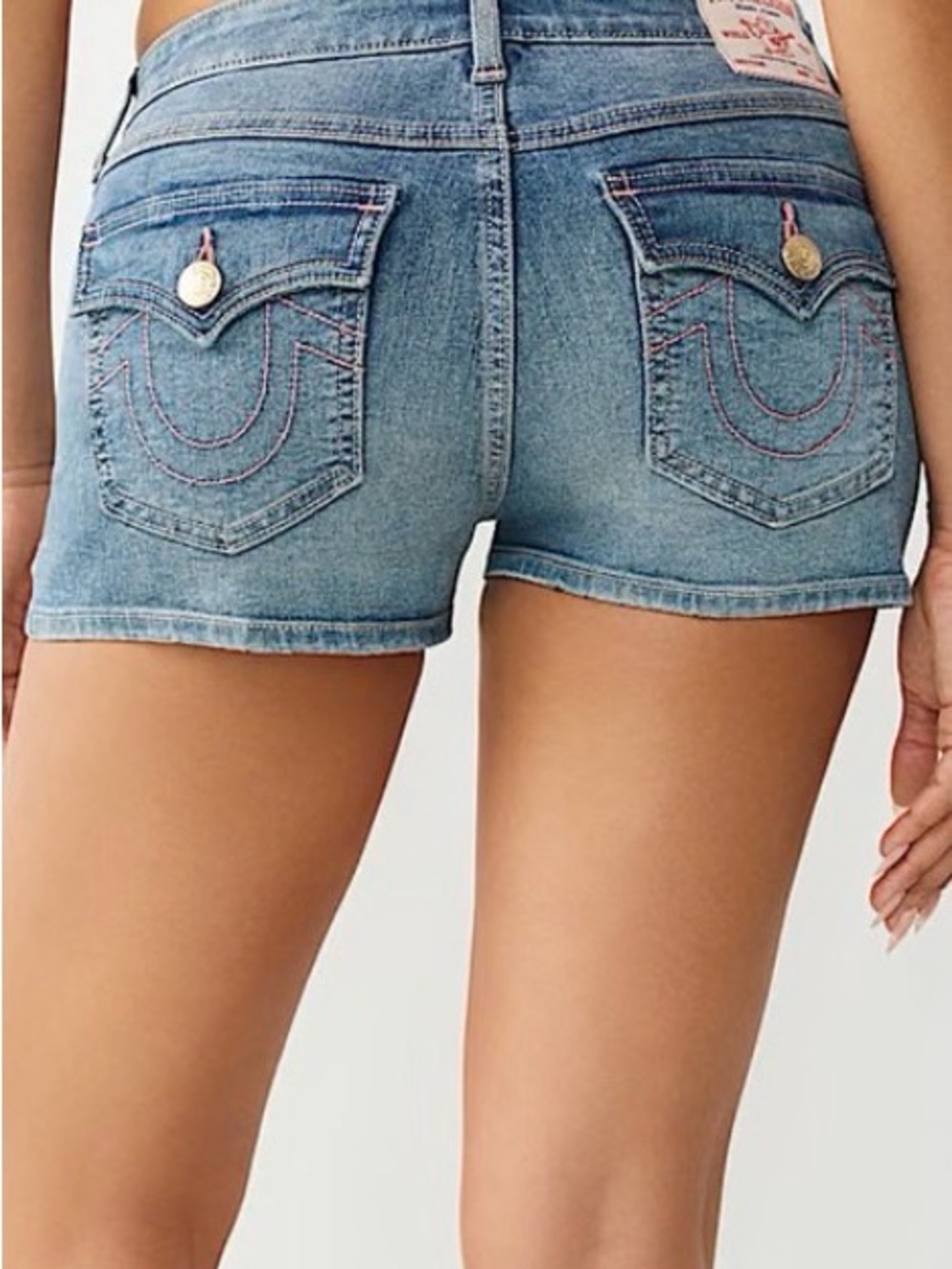 True Religion Medium Blue Denim Shorts with Pink Accent Stitching